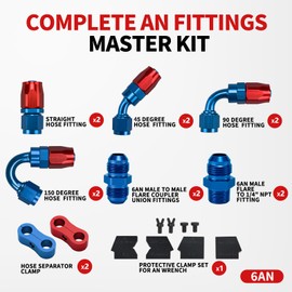 BRIFITOR 6AN Hose End Fitting Kit 0/45/90/150 Degree AN Fittings & 37° Flare Anti-Leak Fittings Adapter,Hose Separator Clamps & AN Wrench Protectors, All-in-One Kit for CPE Fuel Line, Blue & Red