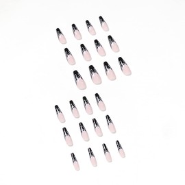 JUSTOTRY 24 Pcs Black French Coffin Ballet Shape Press on Nails,Long Medium Length with White Flame Designs Fake False Nails with Glue,Nail Art for Women and Girl Stick on Nails