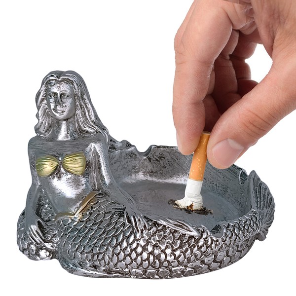 Gedengni Vintage Mermaid Figurines Mermaid Ash Tray Wedding Statue Woman Cigar Ashtray (Silver)