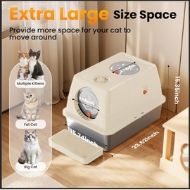 ZALLUC Stainless Steel Cat Litter Box with Lid, Flip-Top Extra Large Cat Litter Pan, Enclosed Metal Litter Box with Litter Scoop & Filter Pedal, Anti-Leakage, Odor Free, Front & Top Dual Entry(Beige)