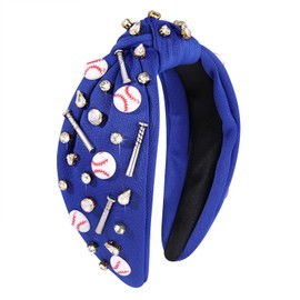 Baseball Knotted Headband for Women Sport Hairband Baseball Charms Crystal Jeweled Embellished Wide Top Knot Headpiece Game Day Accessories Funny Gifts for Ladies Girls Fans (Baseball Knotted BLUE)
