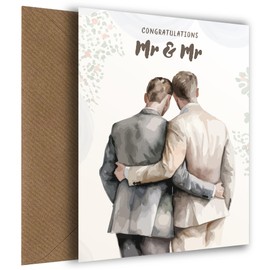 Gay Wedding Day Card - Luxury Watercolour Wedding Cards for Two Grooms - Congratulations Mr and Mr Newlyweds when Tied the Knot!