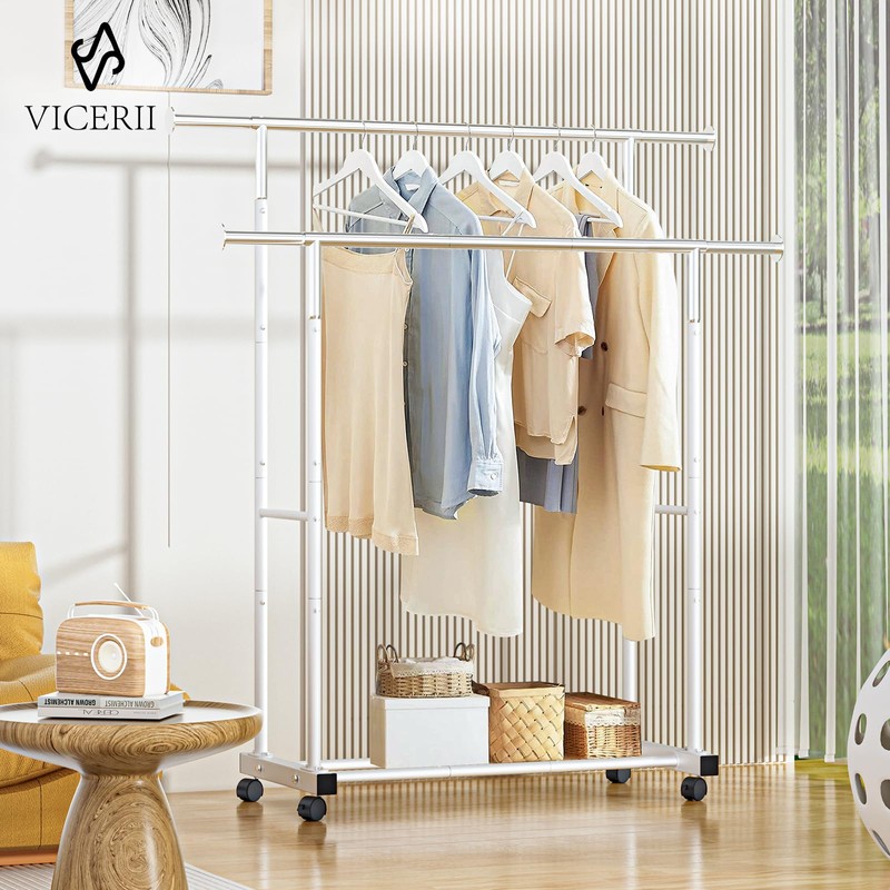 VICERII Double Clothing Rack, 55.51 Inch Garment Rack with Wheels