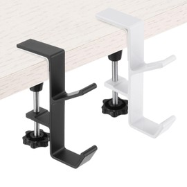PATIKIL 2Pcs Purse Hook for Table, Double Hooks Adjustable Clamp-on Purse Hanger for Desk Portable Nail Free Heavy Duty Under Desk Handbag Holder Backpack Headphone Small Hook, Black White