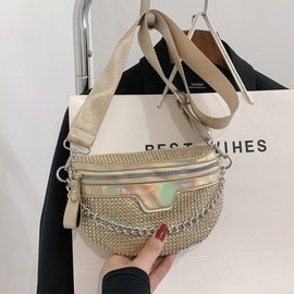 Thick Chain Women's Fanny Pack Plaid leather Waist Bag Shoulder Crossbody Chest Bags Luxury Designer Handbags Female Belt Bag, A-Gold, Small, Fashion