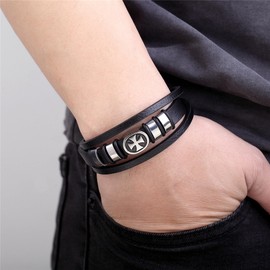 YL Mens Cross Bracelet Stainless Steel Multi-Layer Leather Bracelet 18k White Gold Plated Crusader Wristband Jewelry 9.1"