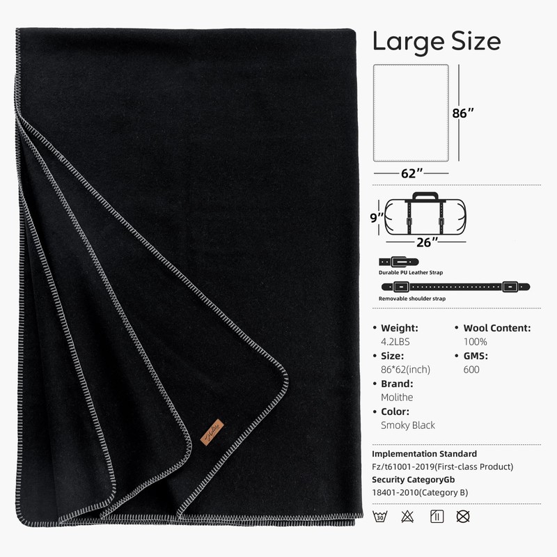 Molithe 100% Wool Blanket, 62" x 86", Warm, Thick, Washable,