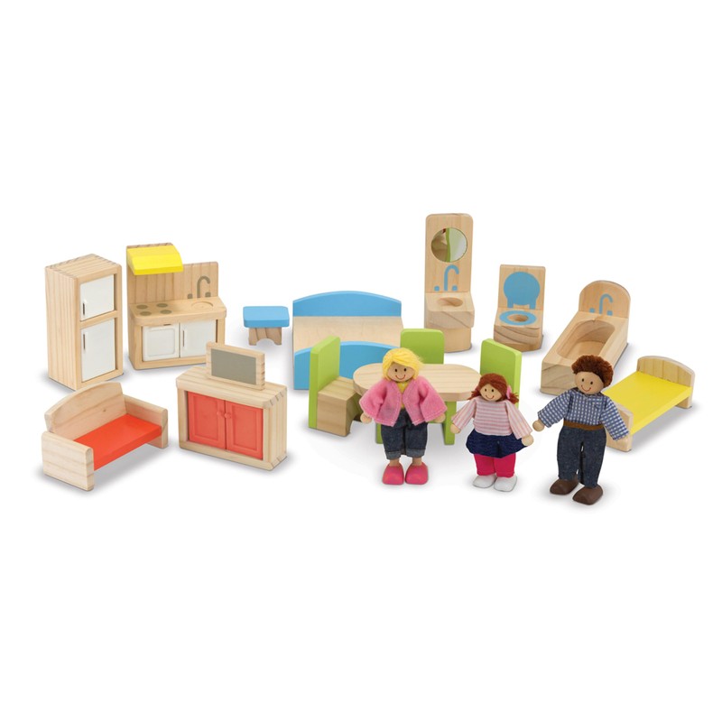 Melissa & Doug Wooden Hi-Rise Dollhouse with 15 Furniture Pieces,