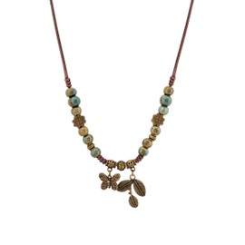 MINACHI Ceramic Beads Long Necklace, Turquoise-Toned Beads with Floral Charms, Butterfly and Leaves Pendant, Bohemian Vintage Chunky Costume Jewelry for Women