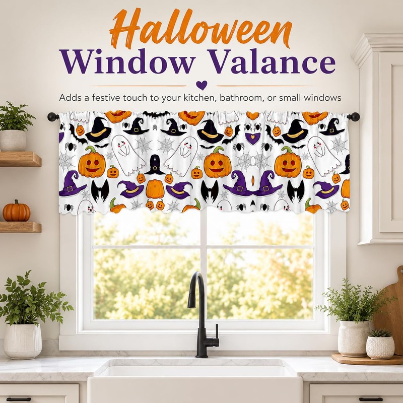 Halloween Window Valance Pumpkin Ghost Bat Kitchen Curtain 54x18