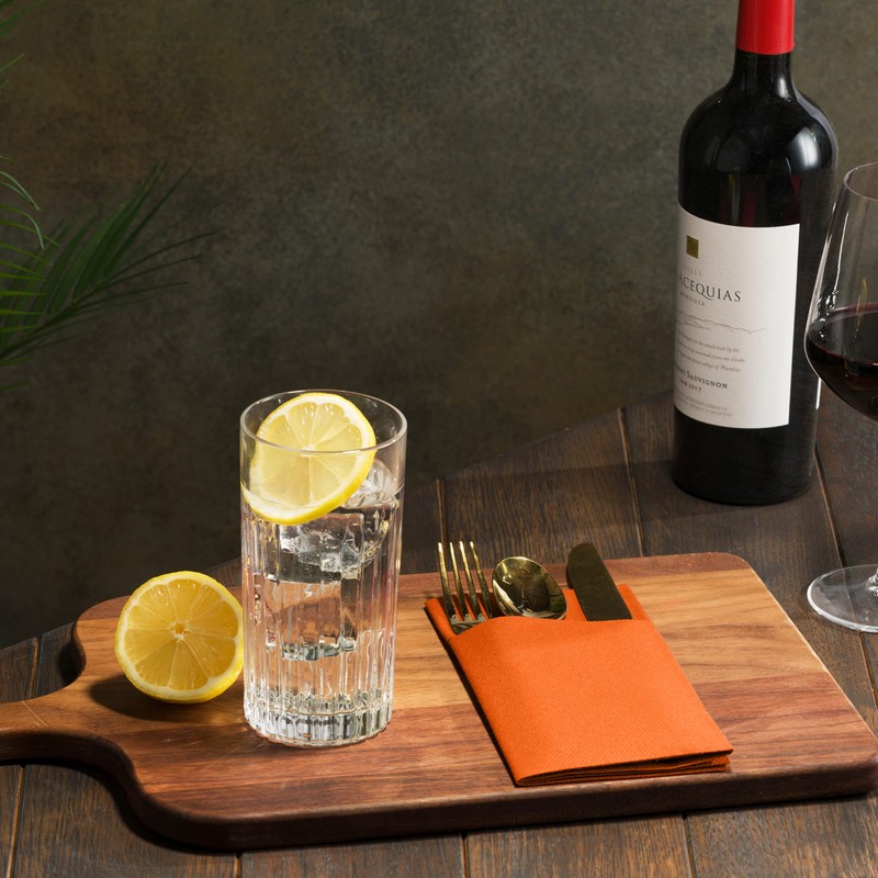 50-Pack Disposable Linen-Feel Dinner Napkins with Built-in Flatware Pocket, ORANGE