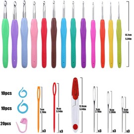 77Pcs Crochet Hooks Set of Crochet Cover Equipped with Knitting Needle Big Eye Blunt Needle Color Crochet Plastic Suture Mark and Shell Aluminum Alloy Ergonomic Soft Grip Crochet Handle Crochet Set (Multi, Medium)