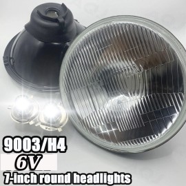 AQJ 7" Stock Glass Lens/Metal 6v Headlight LED 6K 30/35w H4 Light Bulb Headlamp Pair