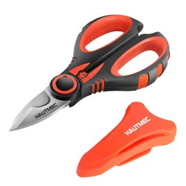 HAUTMEC Electrician Scissors 6.3", Heavy Duty Stainless Steel Electrician Shears with Serrated Blade, Wire Stripping Notch & Crimping Function, Ergonomic Non-Slip Handle with Sheath - HT0416