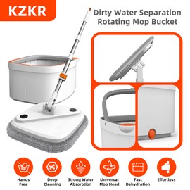 KZKR Spin Square mop and Bucket System with Wringer Set for Home with 8 Mop Pads (Grey,White)
