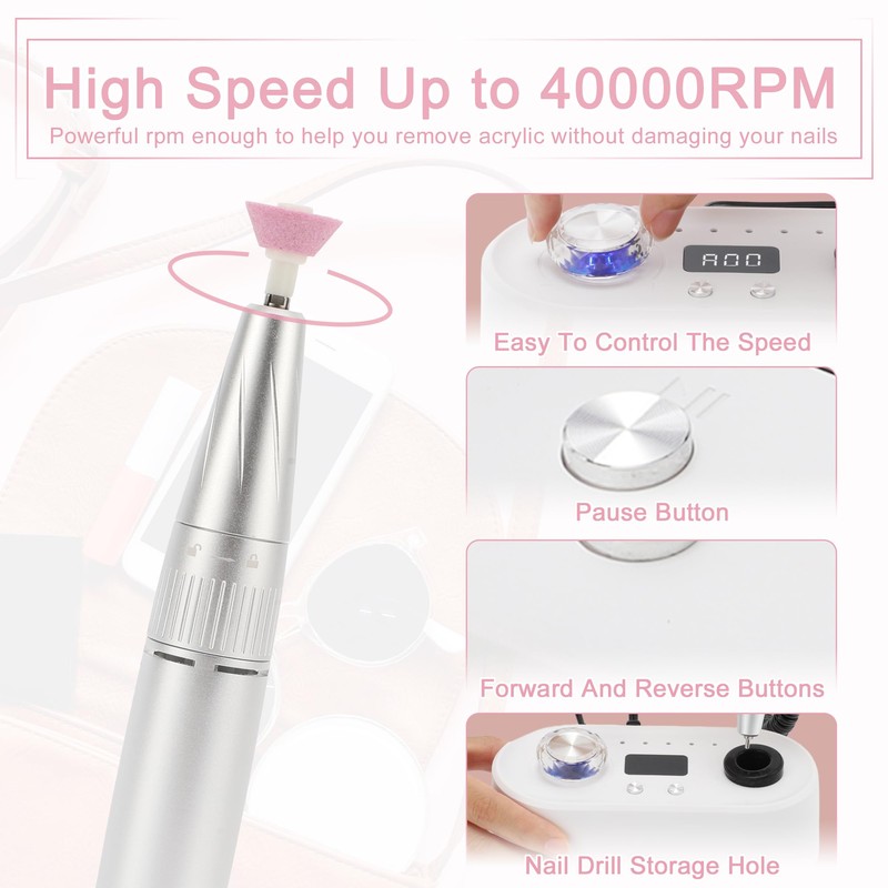 VOCOSTE Electric Cordless Nail Drill Kit, 40000RPM Nail Drill Machine,