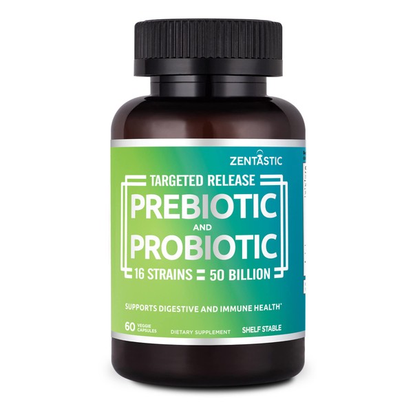 Zentastic Probiotics & Prebiotics Supplement - 50 Billion CFU - for Men & Women’s Immune & Digestive Health - 16 Strains - Shelf Stable - 60 Delayed Release Veggie Capsules