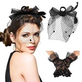 Sibba Fascinators for Women, 1920s Tea Party Hat and Short Lace Gloves, Feathers, Veil, Mesh Headband, Floral Lace Gloves, black