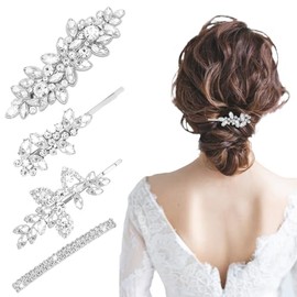 ACO-UINT Rhinestone Hair Clips Silver Leaf Flower Sparkly Crystal Hair Barrettes Bobby Pins for Women Hair Accessories for Wedding Bridal, Prom, Party (4 Pack)