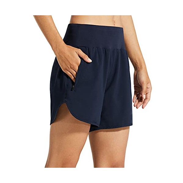 Libin Womens 5 Inches Athletic Running Shorts with Liner Quick Dry Workout Gym Shorts for Lounge Sports with Zipper Pockets,Navy Blue M