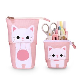 Xespis Pencil Case with Zip, Telescopic Pencil Case, Cat white, pencil case