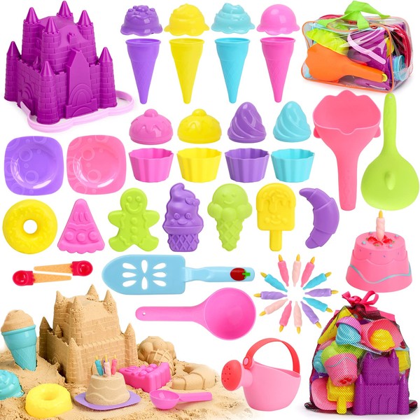 Joyreal 48 PCS Ice Cream & Castle Sand Beach Toys - Sand Pit Toys with Bucket and Spade Beach Set with Storage Mesh Bag for Toddlers Boys Girls