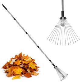 PEAKCLOUDS Adjustable Metal-Leaf Rake with Telescopic Handle - Lawn & Garden Tool for Grass, Leaves & Shrubs - Heavy Duty Yard Rake for Adults, Women & Kids
