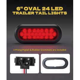 Ronybuy 6 Inch Red Oval Led Trailer Truck Lights 24 LED Waterproof Sealed 6" Stop/Turn/Tail Light Marine Boat Trailer Lights with [DOT SAE], Include Flush Mount Grommets 3-Prong Wire Plugs 4PCS