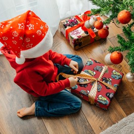 LeZakaa Christmas Wrapping Paper Roll for Kids Boys Men, Santa Driving Christmas Tree in Racing Car Design, for Winter Holidays, Family Gatherings, Mini Roll 17 in x 16.4 Ft