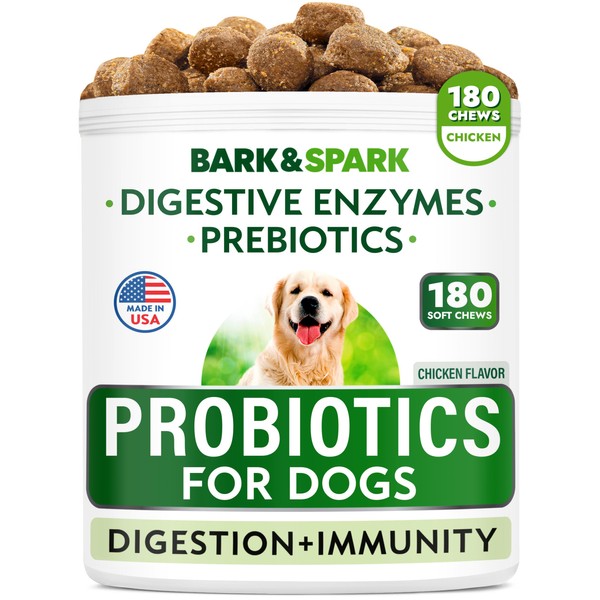 Dog Probiotics & Digestive Enzymes - Allergies & Itchy Skin + Gut Health - Pet Diarrhea Gas Treatment, Upset Stomach Relief Pills, Digestion Health Prebiotic Supplement Tummy Treat (180 Ct - Chicken)