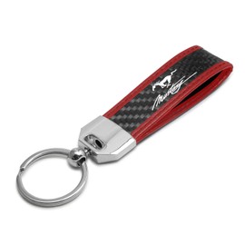 iPick Image for Ford Mustang Script Real Carbon Fiber Strap with Red Leather Stitching Edge Key Chain