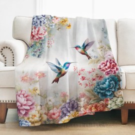Levens Hummingbird Flower Blanket Gifts for Women Girls Mom, Colorful Floral Print Decoration for Home Bedroom Living Room Lounge Dorm, Warm Soft Lightweight Cute Throw Blankets 50"x60"