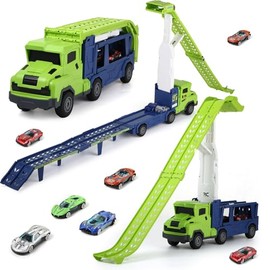 Kids Toys for 3 4 5 6 7 8 Years Old Boys, 3 in 1 Carrier Truck Transport Car Toys, Foldable 2 Track Truck Playset with 25-in Race Track, 6 Metal Toy Cars, Birthday Toy Gift for Toddler Boys Girls