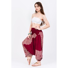 Boho Hippie Harem Pants Jumpsuit for Women – Lightweight Rayon Loose Dhoti Trousers with Elastic Waist for Lounge & Travel (Red Leaf_XL)