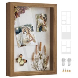 SONGMICS Shadow Box Frame, 1.3-Inch Deep Memory Display Case for Desk Wall Decor, Box Picture Photo Frame with 4 Wood Push Pins, 3 Mats, 2 Non-Trace Nails, Gift, Teak Brown