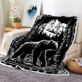 Bear Rustic Cabin Black Throw Blanket, Wild Animal Lodge Bed Blanket Nature Wildlife Bear Fuzzy Blankets for Bed Sofa Couch, Adventure Forest Hunting Farmhouse Country Bedroom Decor Blanket 60X80in