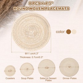 sourcing map 8 Pcs Round Woven Placemats, 4.3 Inch Braided Washable Placemat Heat Resistant Decorative Place Mat for Kitchen Dining Table Countertop, Coffee/Khaki