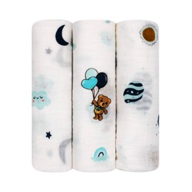 100% Muslin Cotton Baby Receiving Cloths, 3-Pack, 27x27 in (70x70cm), Soft & Gentle for Newborns, Sensitive Skin Safe, For Feeding, Burping & Comfort, 0+ Months (Spaceship/Teddy Bear/Clouds)