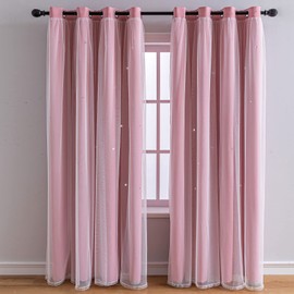 FANLI 2 Panels Star Blackout Curtains for Kid Girls Bedroom Living Room Darking Stripe Double Layer Star Cut Out Wall Home Decor Gradient Grommet Window Curtains (Pink 84L)