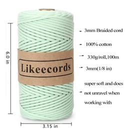 Likeecords 2 Skeins of Braided Macrame Cotton Cord 3mm x 100m,Macrame Rope, 100% Cotton Rope Macrame String,Colorful Cotton Craft Cord for Bag,Wall Hanging, Plant Hangers, Crafts, Knitting（Green）