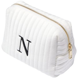 Personalization Universe Initial Embroidered Small Velvet Makeup Bag - Ivory