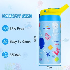 flintronic 350ml/12oz Kids Water Bottle Stainless Steel with Straw, Vacuum Insulated Water Bottles, BPA Free, Flip Sports Water Bottle,Metal Leakproof Small Flask for Boys Girls Toddler Children