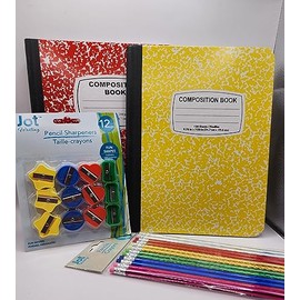 NB Two Composition Books (Red & Yellow) Package of 12 Bright & Sparkly Pencils Package of 12 Assorted Shapes Erasers (Four Piece Set) Back to School Supplies Students Writing