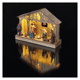 EMOS Weihnachtskrippe mit handbemalten Figuren, Weihnachtsdekoration mit 5 LEDs, warmweißes Licht, batteriebetrieben (3x AA), IP20 Innenbereich, 6/18h Timer-Funktion, 10000 h Lebensdauer
