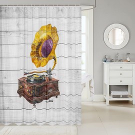 Feelyou Kids Gramophone Shower Curtain Music Phonograph Bathroom Shower Curtain Set for Boys Girls Teens Vinatge Retro Decor Bath Curtain Bathroom Accessories 72"x72" Bedroom