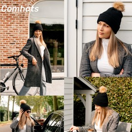 Comhats Womens Winter Hats Wool Ladies Bobble Hats Cashmere Beanie Double Layer Thermal Knitted Hat with Pom Pom Grey