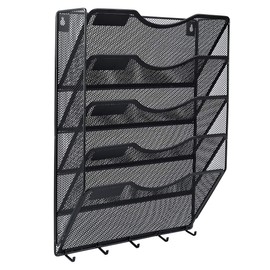 EasyPAG Wall File Organizer 5 Pocket Vertical Mesh Hanging File Folders Holder Paper Rack with Key Hooks for Office Home | Writting Label Included,Black