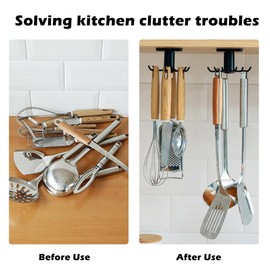 TIE-DailyNec 4 PCS Under Cabinet Kitchen Utensil Hooks 360 °Rotation Adhesive Nail Free Hanging Rack for Kitchen Utensils, Tools, Towel, Knife (Black)