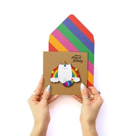 Tache Grußkarte zum Geburtstag, Motiv Miau, handgefertigt, mit Regenbogen-Umschlag