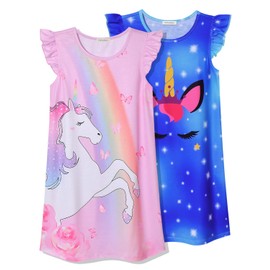 Perfashion 2 Pcs Cotton Night Gown for Girls Pink Unicorn Flutter Sleeve Nightgown Shirts 10 11